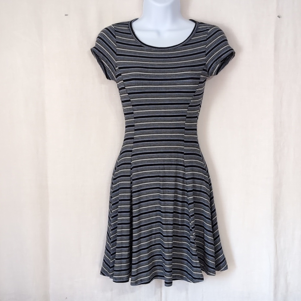 May Pink Y2K Blue Black Striped Fit and Flare Shirt Dress Size Small